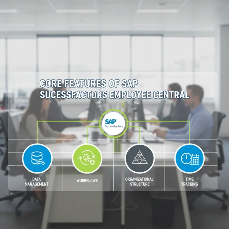 Core HR domains of SAP SuccessFactors Employee Central including data management, organizational structures, position management, lifecycle processes, and attendance tracking.