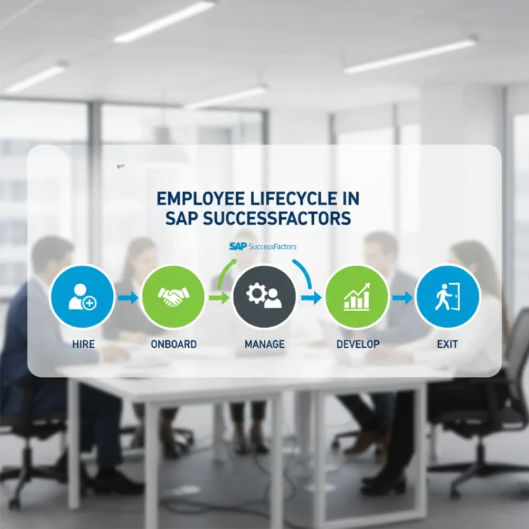 SAP SuccessFactors Employee Central workflow automation, HR analytics, and compliance features shown through modern infographic elements.