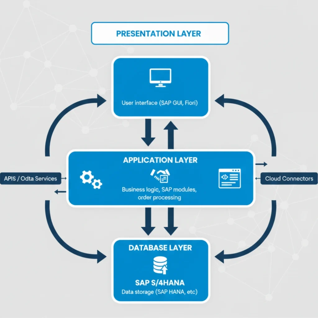 SAP architecture, presentation layer, application layer and database layer with SAP S/4HANA.
