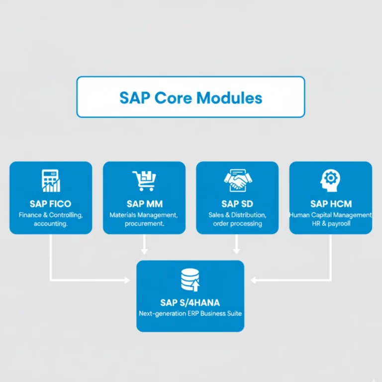 SAP Core Modules, SAP FICO, SAP MM, SAP SD, SAP HCM and SAP S/4HANA workflow.