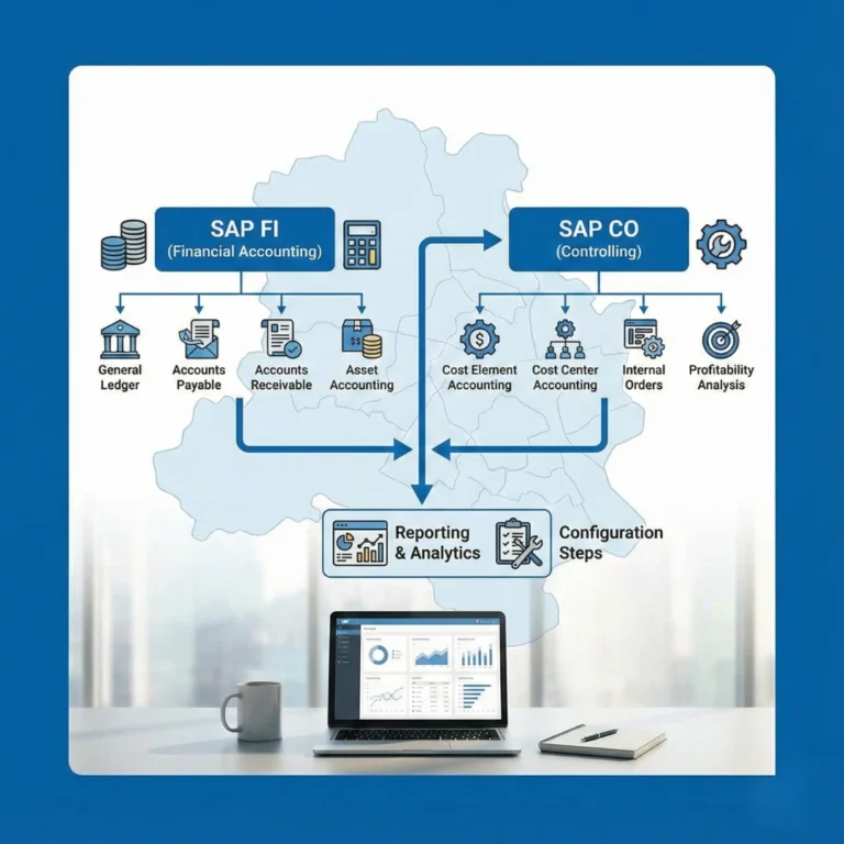 The FutureLabs SAP learning journey infographic showing essentials, hands-on practice, project simulation, and certification preparation for SAP FICO students.