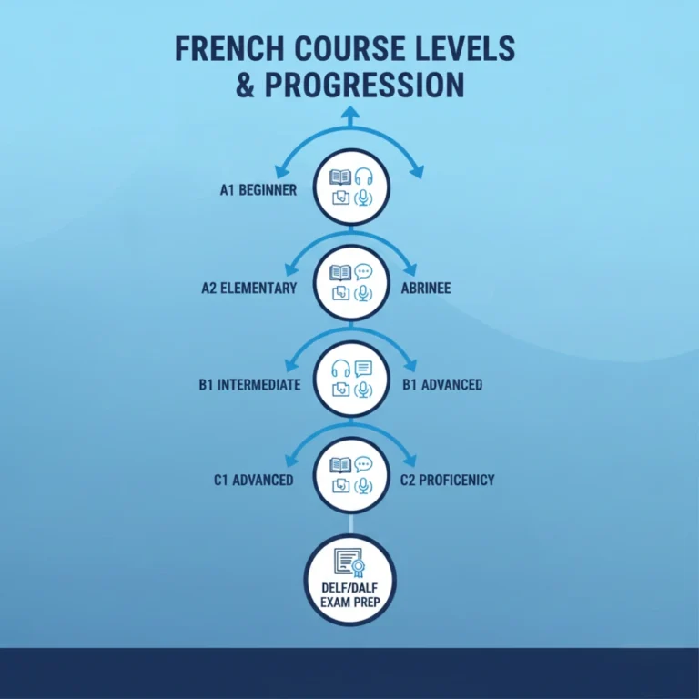 French course levels and exam preparation overview – A1 to C2 with DELF/DALF exams explained.