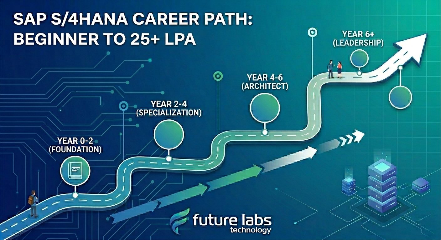 SAP S/4HANA Career Path Roadmap from Beginner to 25+ LPA showing Foundation, Specialization, Architect, and Leadership stages