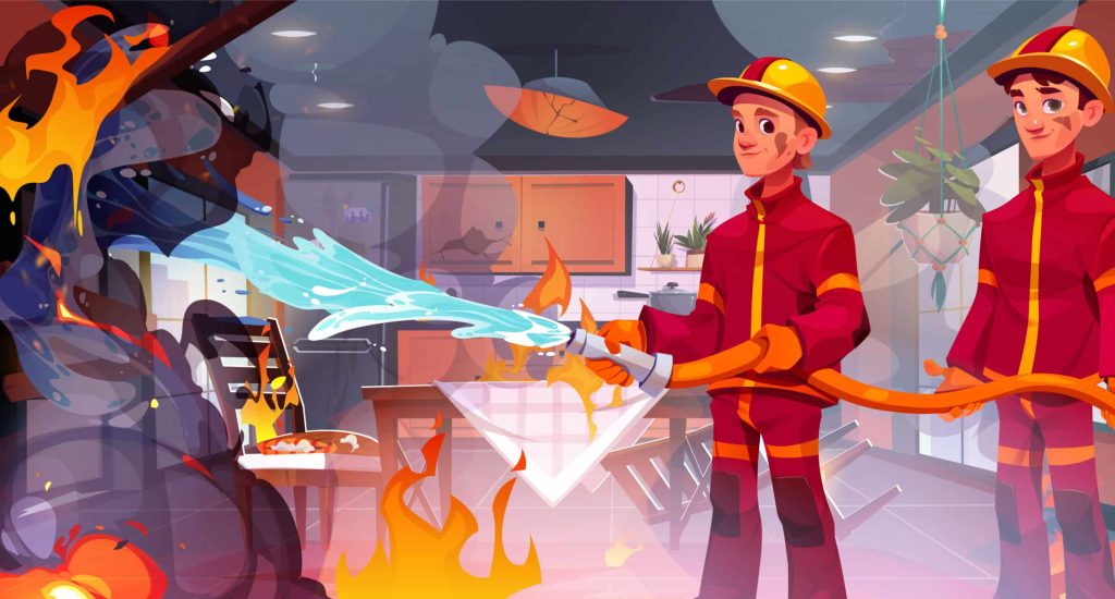 Fire smoke on house kitchen and firefighter vector concept. Danger flame at home in cooking room. Smoky heat emergency accident and brave man team rescue apartment with water in hose from disaster.